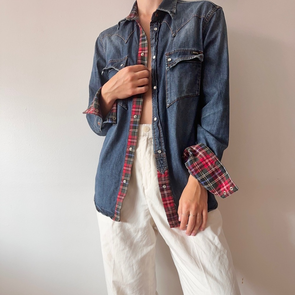 RAG RECYCLE RESTYLE WESTERN DENIM SHIRT BUTTON DOWN LONG SLEEVE PLAID UNISEX M